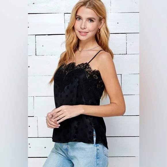 386B-BLACK. Lace Polkadot Cami - Picture 5 of 7